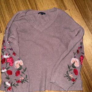 American Eagle Outfitters V-Neck Sweater - Mauve with Floral Embroidery